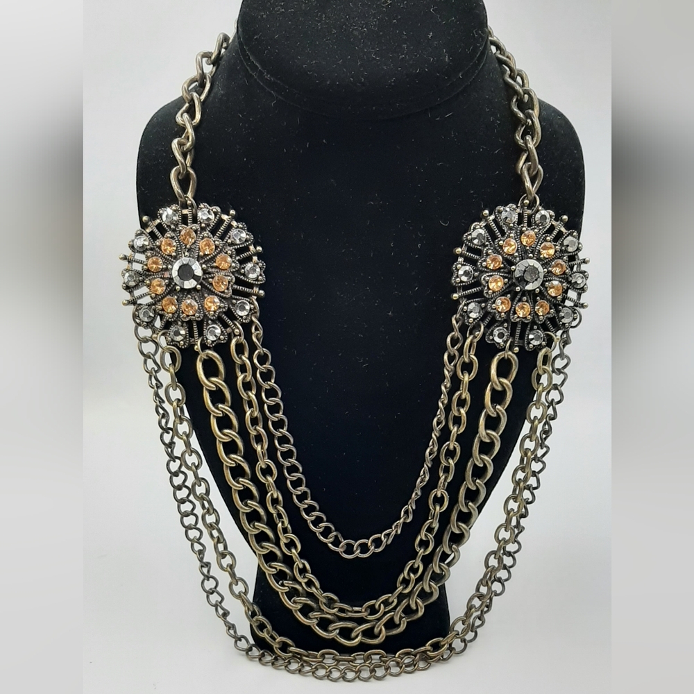 Vintage Two Large Rhinestone Medallion Chain Necklace Womens Statement Jewelry